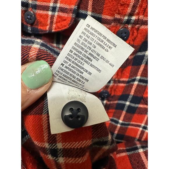 American Eagle Flannel Button Down - Orange/Navy Plaid - Size M Medium Men - Picture 9 of 10